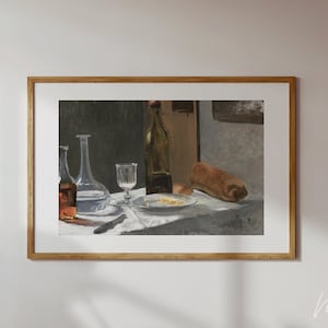 ヴィンテージ ワイン パン 静物画プリント、フレンチ カントリー、農家、キッチン ダイニング ウォール デコレーション、印象派アート、エドゥアール マネの印刷可能なアート。