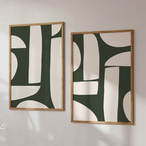 Smaragdgrüne moderne abstrakte Kunstdruck 2er Set, organische Form dunkelgrün Mid Century druckbare Wandkunst, Wohnzimmer, über dem Bett Wanddekor.