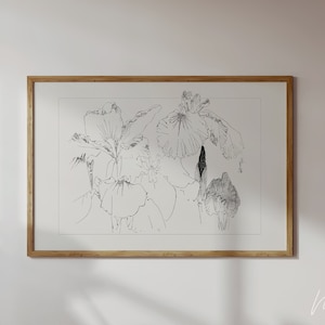 Íris preto e branco desenho de flor moderna linha botânica japonesa arte minimalista japandi decoração de parede