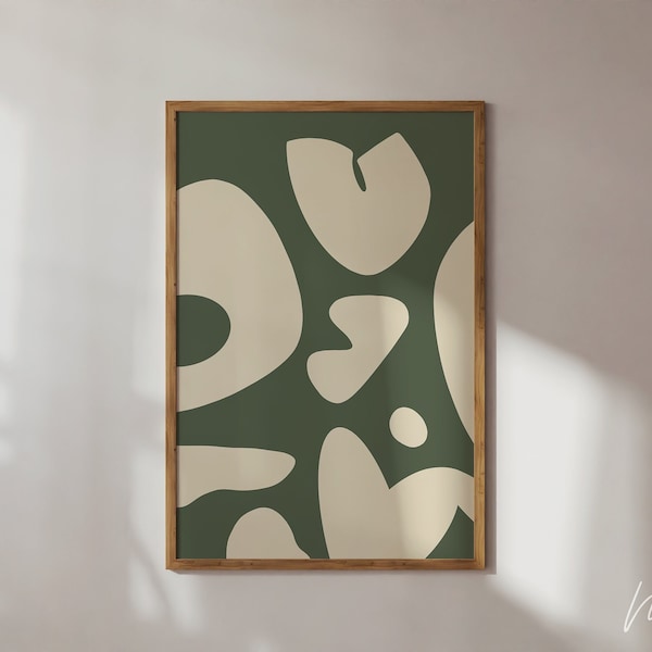 Impresión de arte geométrico verde, arte de pared imprimible abstracto moderno verde, póster de formas orgánicas, decoración de pared verde de mediados de siglo, descarga digital