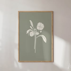 Boho Sage Green Flower Art Print, Modern Minimalistic Green Floral Printable Art, Simple Flower Poster, Bathroom Bedroom Nordic Wall Decor