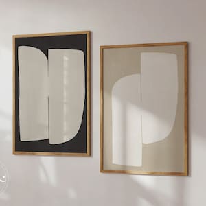 Black and Beige Wall Art Set of 2 Geometric Shape Print Modern Abstract Art Mid Century Decor.