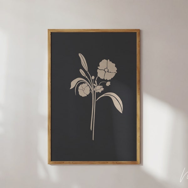 Modern Black Abstract Flower Art Print, Black Floral Printable Wall Art, Minimalist Flower Poster, Bedroom Bathroom Decor Digital Download.
