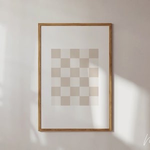 Imprimé damier beige et blanc, impression d&#39;art en damier, affiche géométrique neutre, décoration esthétique, art mural imprimable tendance.
