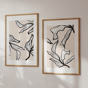 Set of 2 Prints, Neutral Botanical Wall Art Set, Modern Abstract Leaf Prints, Above bed art, Digital Download Printable Wall Art.