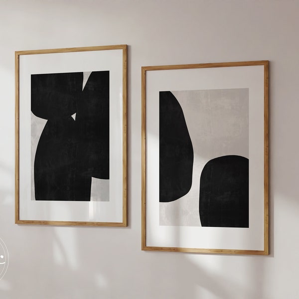 Set of 2 Prints, Black and White Modern Aesthetic Print Set, Bedroom Above Bed Wall Art, Abstract Printable Wall Art