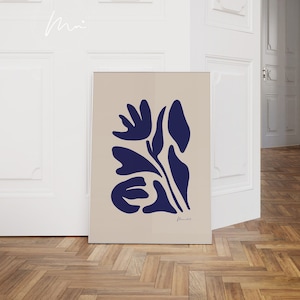 Flower Wall Art Blue Botanical Prints Navy Minimalist Floral Printable Wall Art For Aesthetic Room Decor.