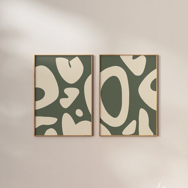 Set of 2 Modern Wall Art Green Abstract Print 2 Piece Set Organic shape Prints Green Printable Art for Living Room Bedroom Aesthetic Decor