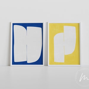 Blauwe en gele Art Print Set van 2 moderne abstracte vorm kunst midden van de eeuw wanddecoratie.