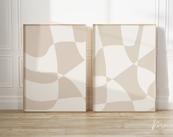 Beige Checkered Art Print Set: Modern Abstract Room Decor (Digital Download)