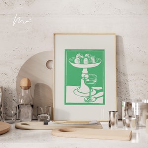 Heldergroene fruitschaal print moderne stilleven kunst midden van de eeuw moderne keuken wand decor