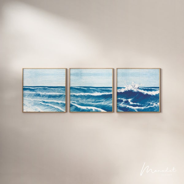 Seascape Painting Set of 3 Ocean Wave Panoramic Art Triptych Wall Art Nautical Coastal Square Art Print Above Bed Summer Printable Wall Art