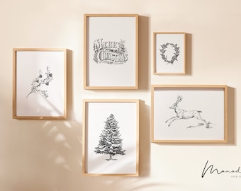 May include: Five framed black and white illustrations on a beige wall. The illustrations include a Christmas wreath, a deer, a pine tree, a sprig of holly, and the text "Merry Christmas".
