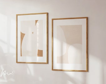 Set of 2 Art Print, Neutral Modern Aesthetic Print Set, Earth Tone Bedroom Above Bed Wall Art, Boho Abstract Shape Prints.