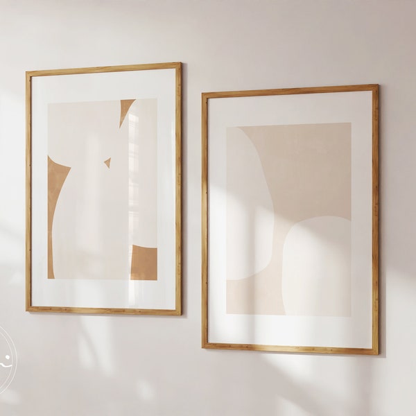 Set of 2 Art Print, Neutral Modern Aesthetic Print Set, Earth Tone Bedroom Above Bed Wall Art, Boho Abstract Shape Prints.