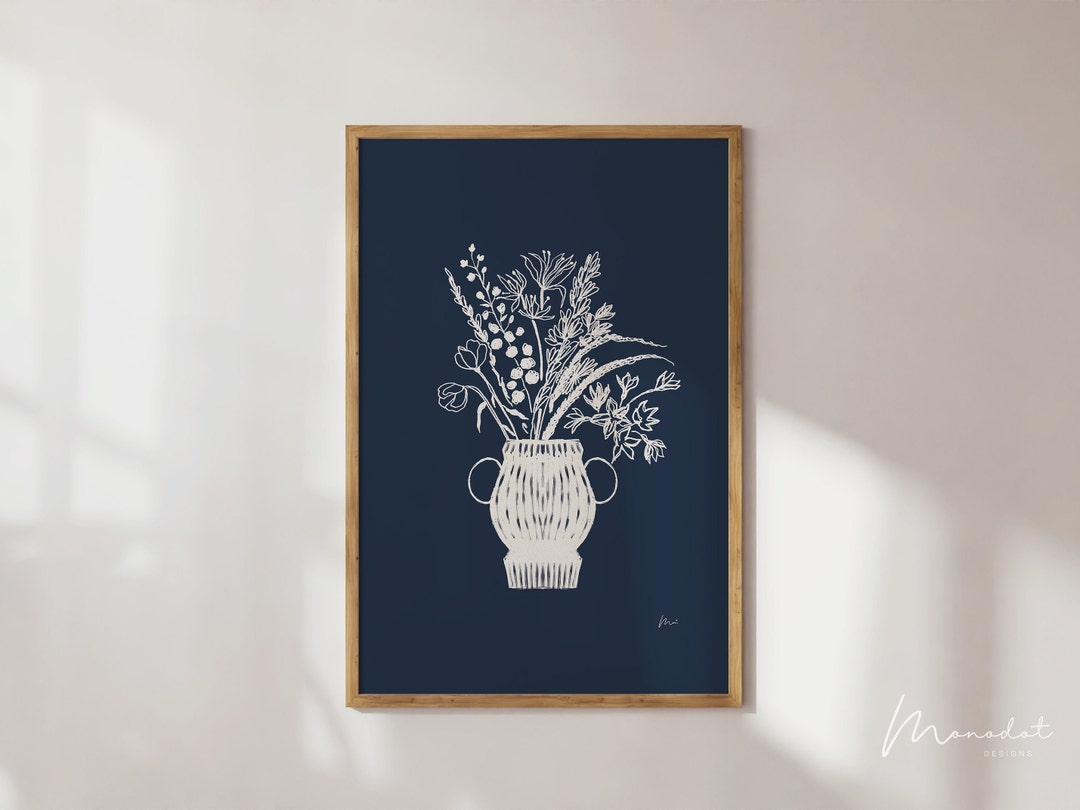 Navy Blue Wildflower Wall Art Modern Abstract Botanical Print for ...