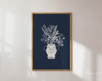 Navy Blue Wildflower Wall Art Modern Abstract Botanical Print for floral Nursery wall Decor