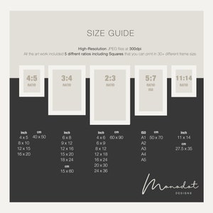 May include: A size guide for printable art prints, showing different aspect ratios and corresponding measurements in inches and centimeters. The ratios include 4:5, 3:4, 2:3, 5:7, and 11:14. The guide also includes standard ISO paper sizes, such as A1, A2, A3, A4, and A5.