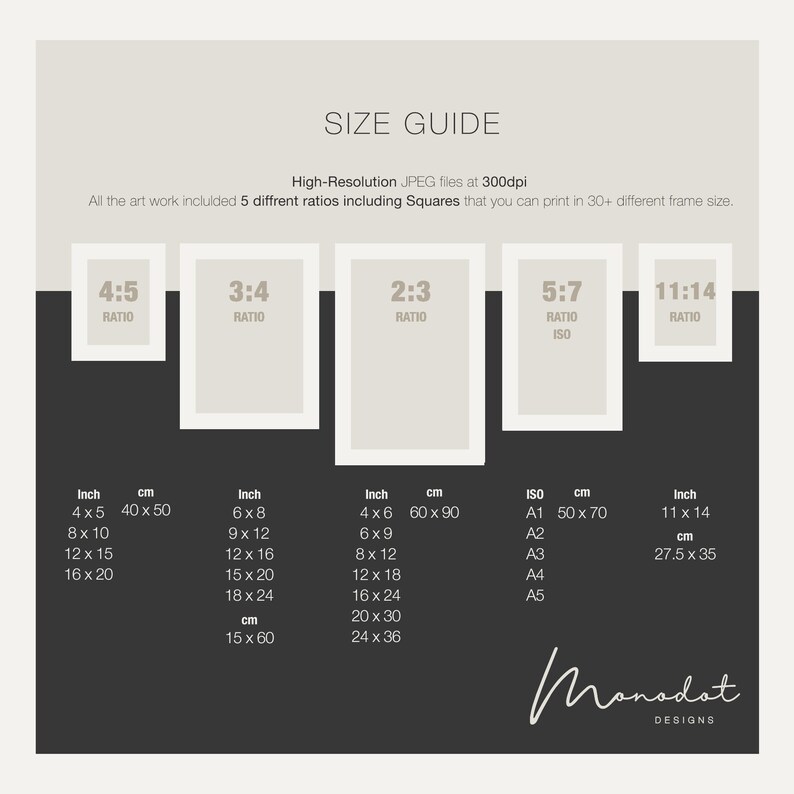 May include: A size guide for printable art prints, showing different aspect ratios and corresponding measurements in inches and centimeters. The ratios include 4:5, 3:4, 2:3, 5:7, and 11:14. The guide also includes standard ISO paper sizes, such as A1, A2, A3, A4, and A5.