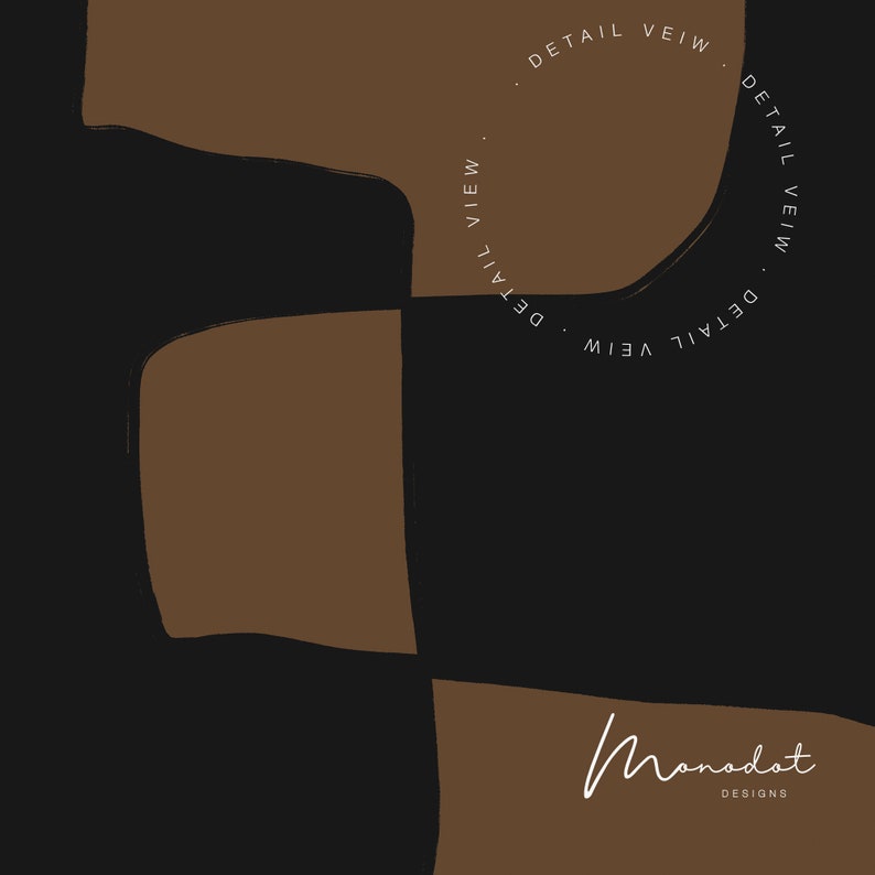 May include: Abstract geometric design with brown and black shapes. The text "DETAIL VIEW" is repeated in a circle around the design. The text "Monodot DESIGNS" is at the bottom of the image.