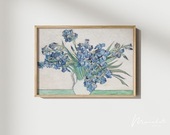 Eclectic Blue Flower Wall Art Irises Oil Painting Muted Soft Vintage Still Life Print