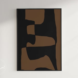 May include: Abstract art print with brown and black geometric shapes. The print is framed in a black frame.