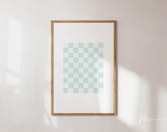 Light Blue Checkered Print Modern Retro Pastel Blue Checkerboard Poster Trendy Printable Wall Art