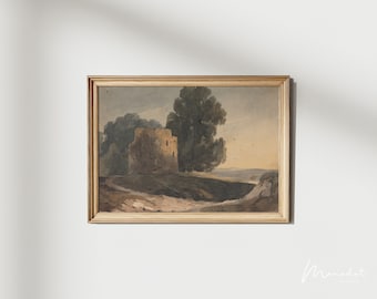 Muted Landscape Art Print Vintage Watercolor Painting Modern Farmhouse Wall Decor
