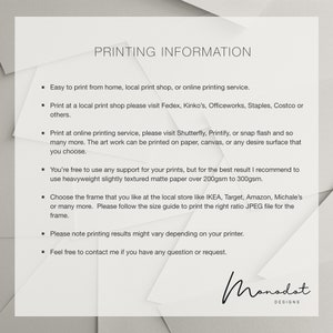 May include: A white background with black text outlining printing information for artwork. The text includes information about printing from home, local print shops, and online printing services. It also includes recommendations for paper weight and size.