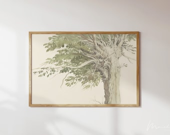 Vintage Tree Print Muted Botanical Wall Art Watercolor Tree Painting for Rustic Farmhouse Decor