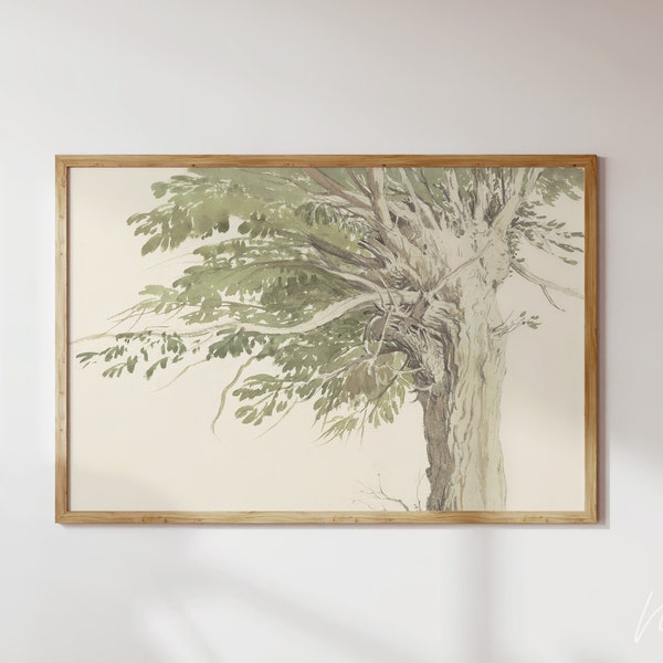 Impression d'arbre vintage, art mural botanique en sourdine, peinture aquarelle d'arbre pour une décoration de ferme rustique