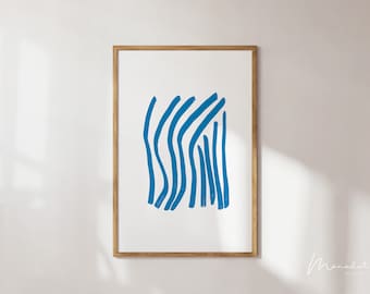 Blue Brush Stroke Scribble Wall Art Modern Abstract Painting Monochrome Mid Century Wall Decor