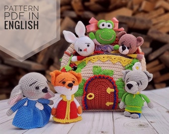 Finger puppets crochet pattern The Teremok (Little House). Includes: Bear, Fox, Wolf, Frog, Rabbit, Mouse and the house as a handbag.