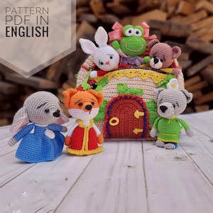 Pattern PDF crochet,  Teremok (Little House), Bear, Fox, Wolf, Frog, Rabbit, Mouse - 6 sof. Finger puppets pattern. The house is a handbag.