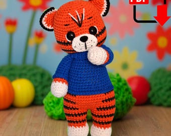Crochet Tiger Toy Pattern. Dressed amigurumi animal PDF tutorial