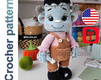 Crochet pattern for Frankenstein plush toy: soft amigurumi tutorial, instant PDF download