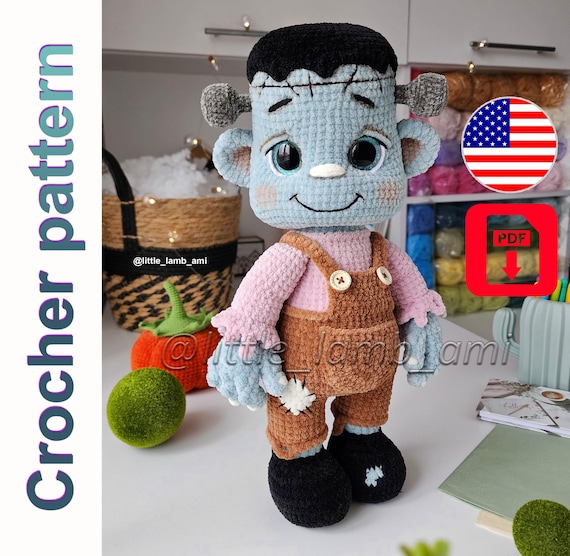 Preview of Crochet pattern for Frankenstein plush toy: soft amigurumi tutorial, instant PDF download by ThreadTutorial