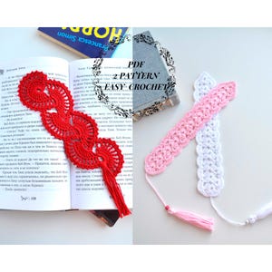 May include: Two crochet bookmark patterns, one red and one pink, with tassels. The image includes the text "PDF 2 PATTERN EASY CROCHET".