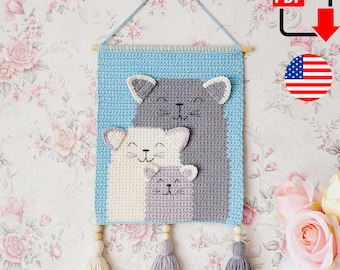 Patrón de crochet para colgar en la pared con gatos, patrón de crochet para decoración de pared, patrón de crochet para decoración de habitación infantil, PDF en inglés