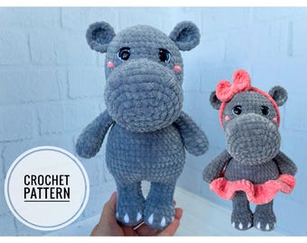 Crochet Hippo pattern with baby outfit.  Amigurumi toy. Instant PDF download