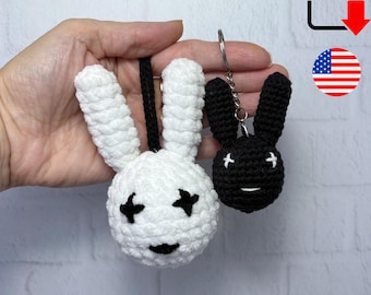 Bad Bunny Keychain crochet pattern. Black and White Plush Rabbit Bag Charms PDF
