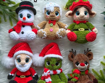 Zestaw wzorów szydełkowych na 6 świątecznych zabawek amigurumi: Mikołaj, Bałwan, Elf, Piernikowy Ludzik, Zielona postać świąteczna i Renifer (PDF)