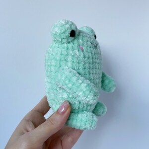 May include: A soft, green crocheted frog plush toy with black eyes and a pink mouth.