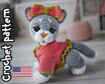 Crochet Cat Pattern with Outfit. Plush Amigurumi Kitten PDF Tutorial. Soft Toy Pattern. Instant Digital Download