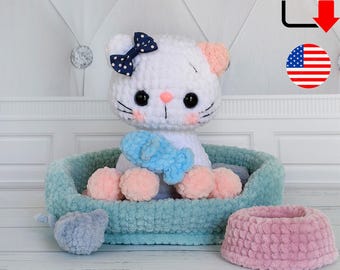 Virkmönster för plyschkatten Boosya. Amigurumi-katt med husdjursbädd och tillbehör PDF