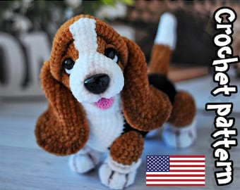 Crochet Basset Hound dog pattern, dog crochet pattern, stuffed dog, dog toy, plush pattern, amigurumi animals, ENGLISH PDF, DIY tutorial