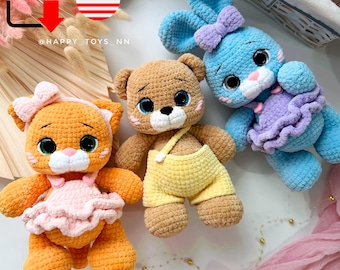 Crochet Pattern for Plush Kitten, Bunny and Bear with Removable Clothes. Velvet Amigurumi Toy Set. Instant PDF Download