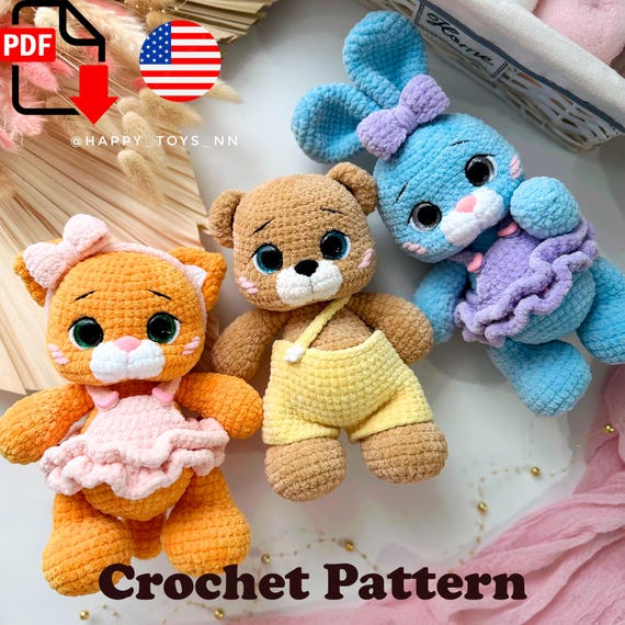 Preview of Crochet Pattern for Plush Kitten, Bunny and Bear with Removable Clothes. Velvet Amigurumi Toy Set. Instant PDF Download by ThreadTutorial