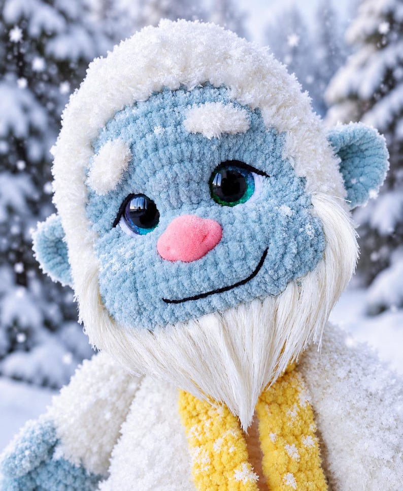 Close-up of a crochet yeti's light blue face framed by fluffy white fur and a long silky beard. Large glossy eyes, a rounded pink nose, and an embroidered smile stand out against a snowy forest background, with a yellow scarf below.