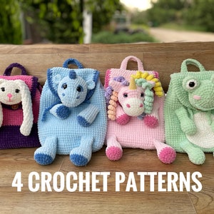 Kids Backpack's Patterns, Set of 4 crochet plush backpack patterns